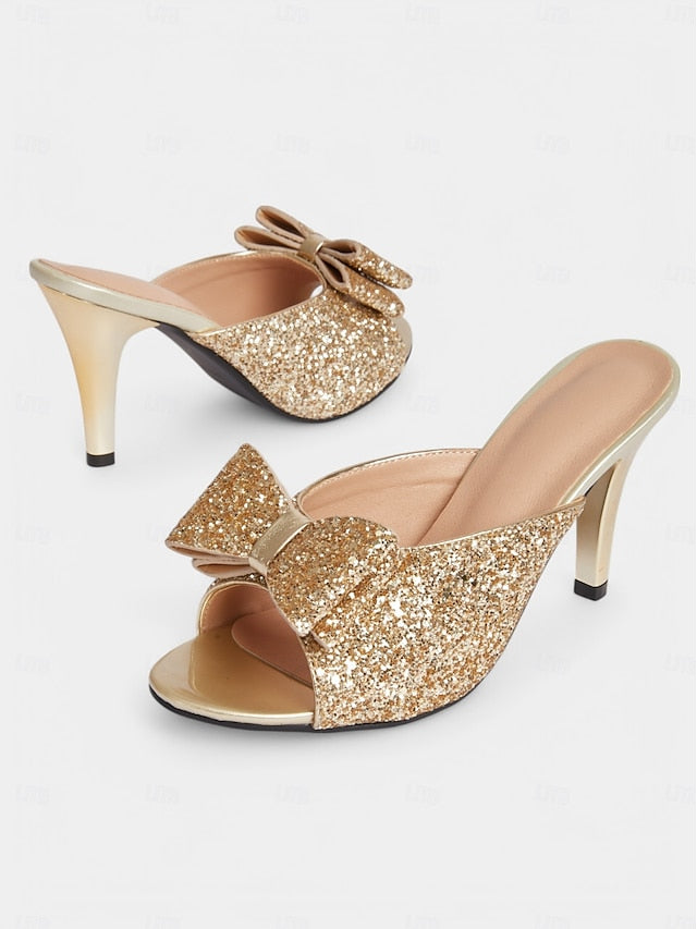 Glitter – Party Gold Women's Glamorous Bow Mules Stiletto