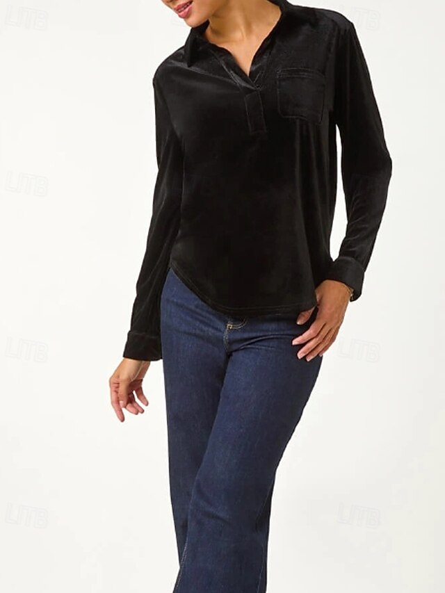 Women's Velvet Blouse Buttons Plain Vintage Stylish Long