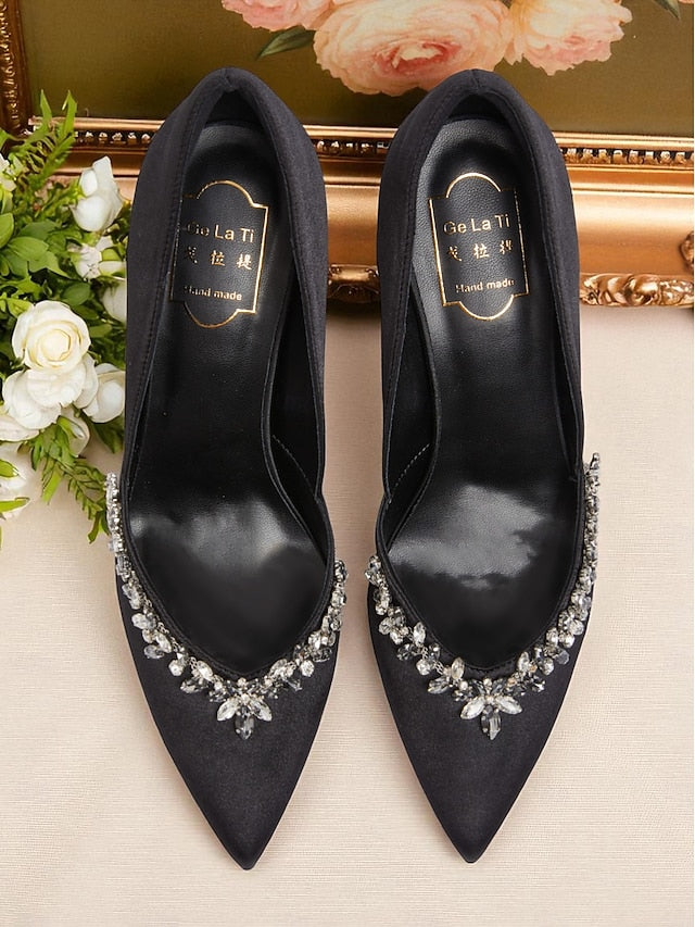 Embellishment Pointed Toe with Satin Women's Crystal Heels