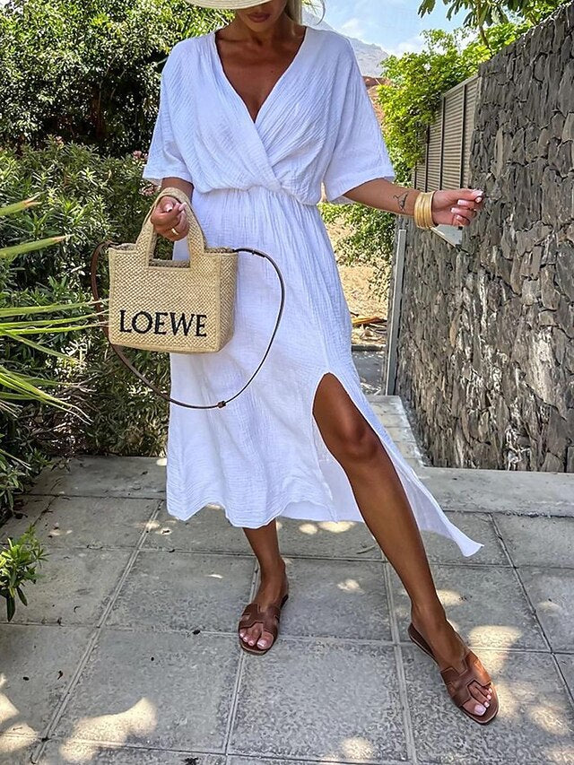 Women's Black White Apricot Summer Spring Midi Dress Faux