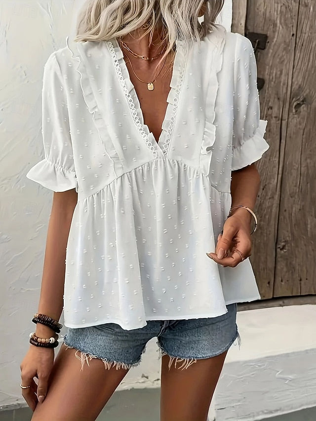 Women's Shirt Blouse Ruffle Patchwork Plain Elegant Active
