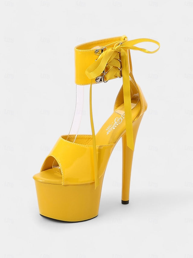 Black Patent with Leather Lace-Up Sandals Ankle Straps Platform