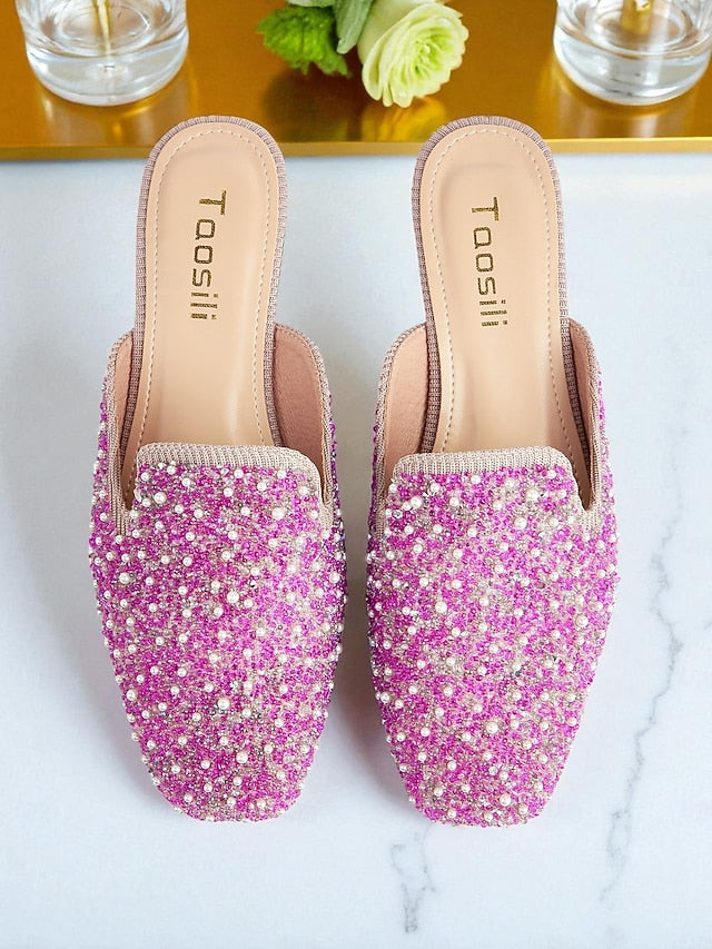 Rhinestone - Women's Pink Pearl Embellished and Mules