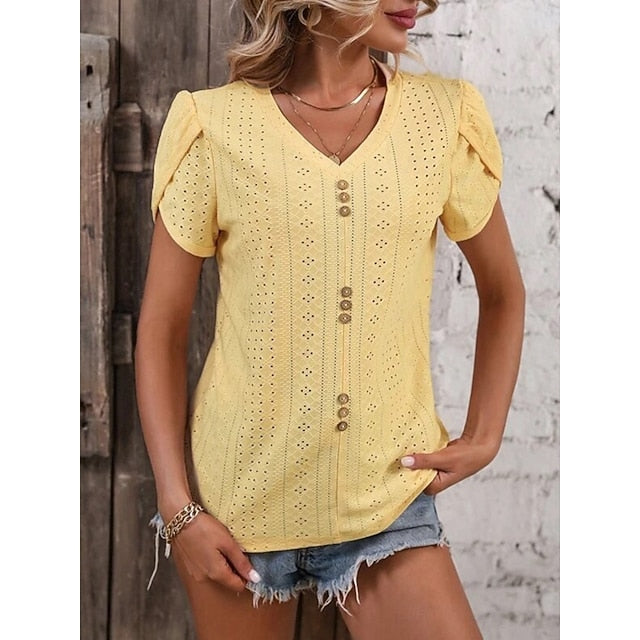 Women's T Shirt Eyelet Plain Fashion Stylish Classic Short
