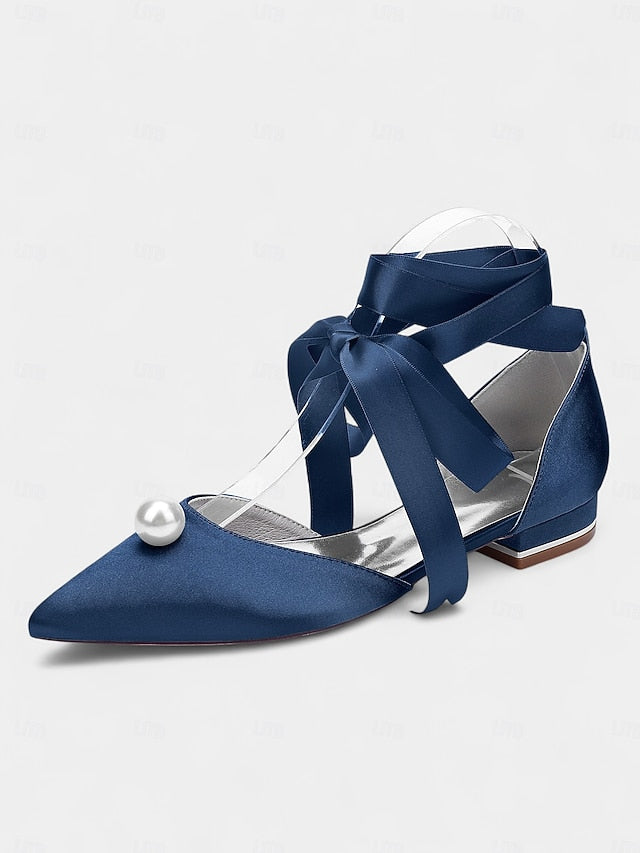 Pointed Toe Embellished Navy - Women's Pearl Satin Flats