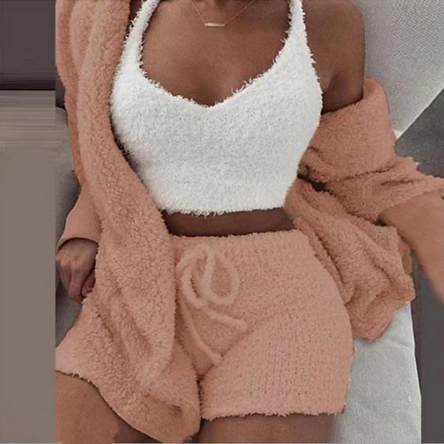 Warm Fuzzy Pajama Set 3PCS Long Sleeve Hooded Robe & Tank