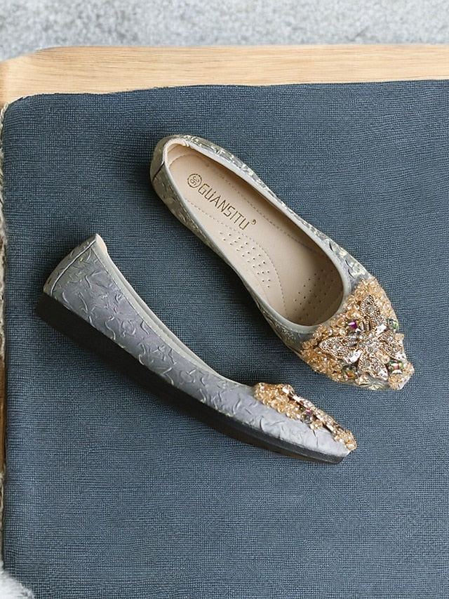 Flats Ballet with Foldable Women's Beaded Embroidered