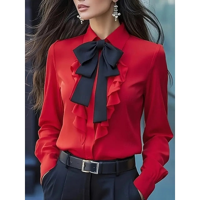 Women's Dress Shirt Blouse Ruffle Bow Solid Color Elegant