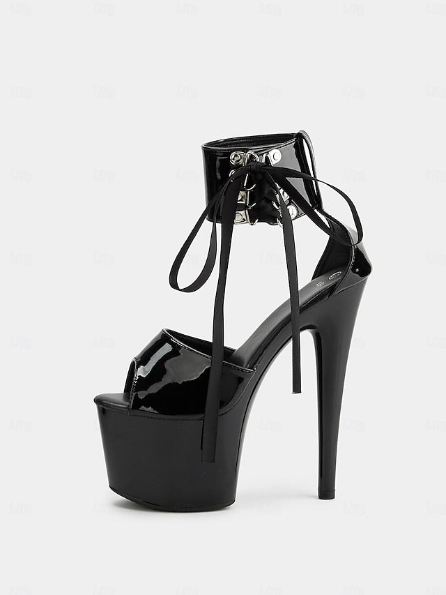 Black Patent with Leather Lace-Up Sandals Ankle Straps Platform