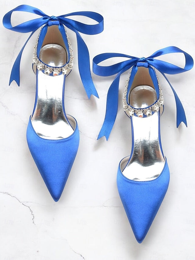 Blue Satin Rhinestone Heels Pointed-Kitten Strap Ankle and with