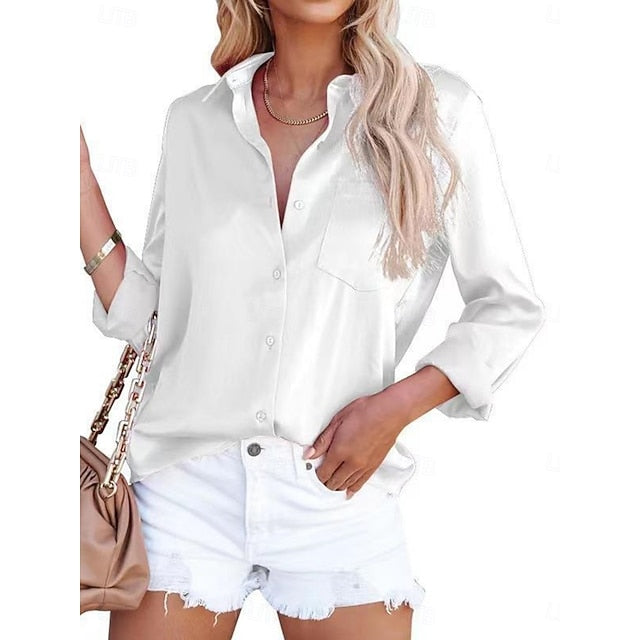 Women's Satin Shirt Casual Shirt Blouse Pocket Buttons