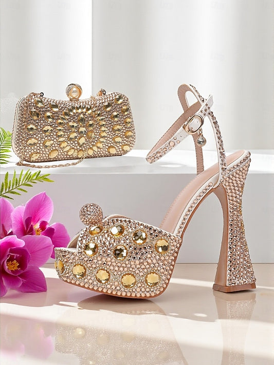 High with Heel Matching Women's Platform Sandals Rhinestone