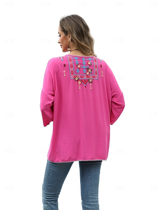Women's Boho Shirt Embroidered Solid Color Floral Bohemia