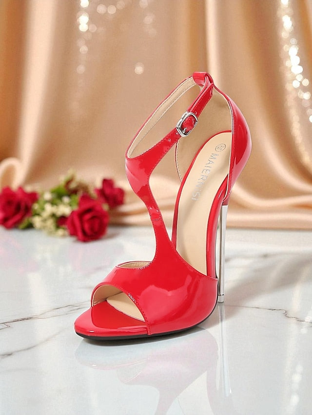 Red Strappy Stiletto Patent Open - Heels Leather Women's