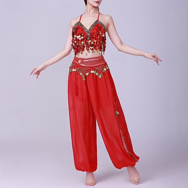 Latin Dance Top Gold Coin Pure Color Splicing Women's