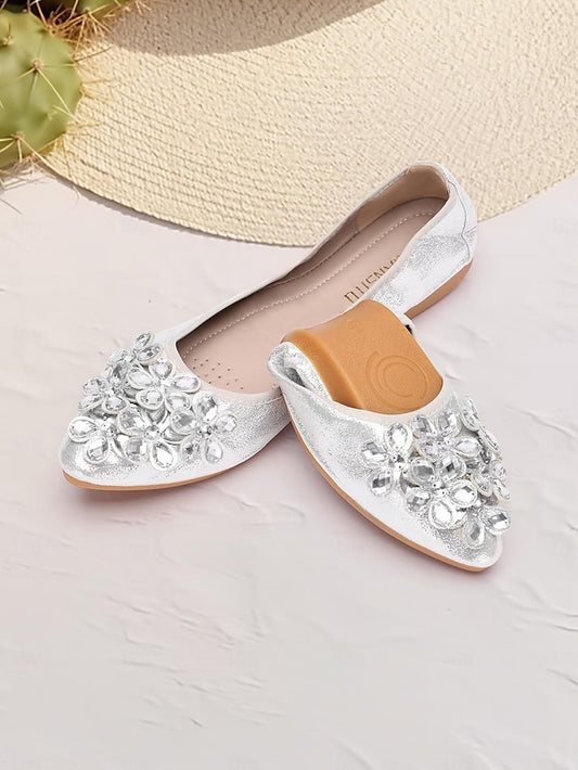 Women's Flats Foldable Silver with Rhinestone