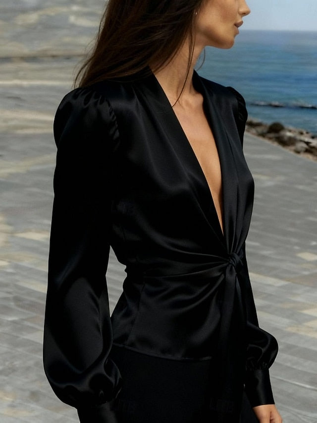 Women's Shirt Blouse Tie Front Plain Stylish Modern Casual