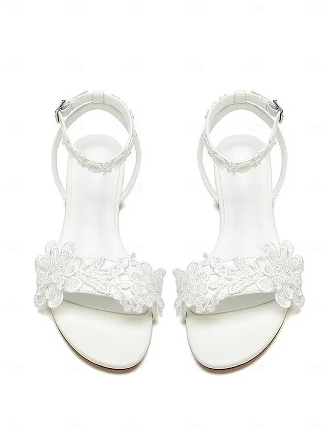 Open-Toe Block Ankle Straps Sandals Lace White Floral with Flats