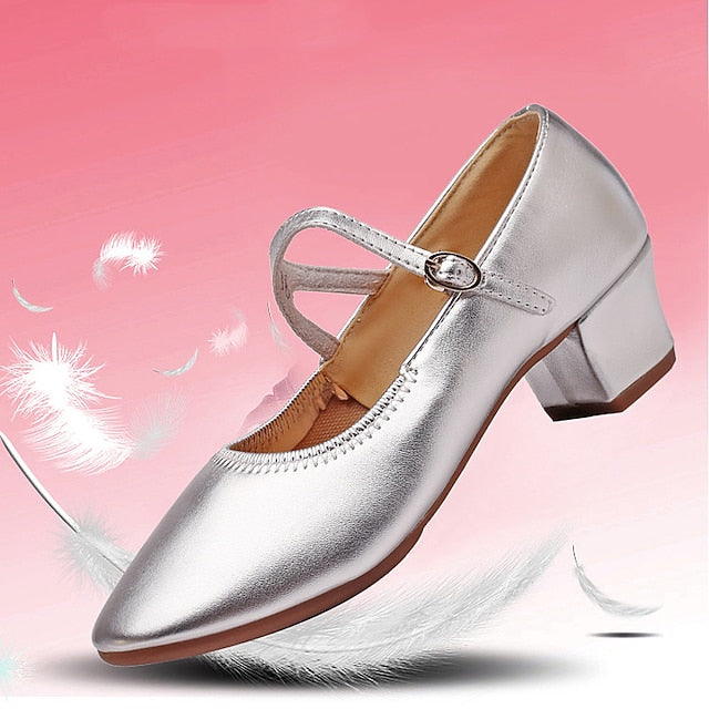 Women's Mary Jane Gold Dance with Buckle Shoes Low Heel