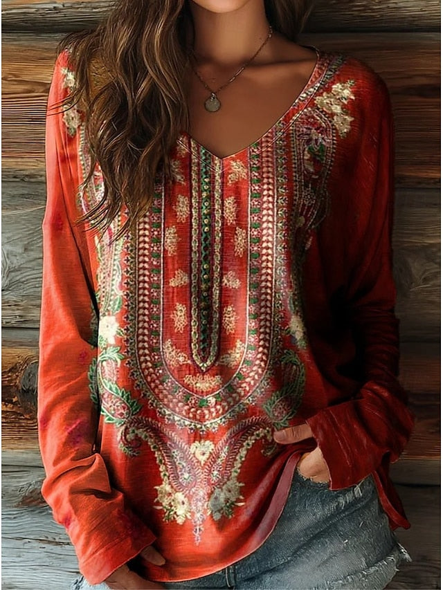 Women's Boho T shirt Long Sleeve Floral Graphic Plants