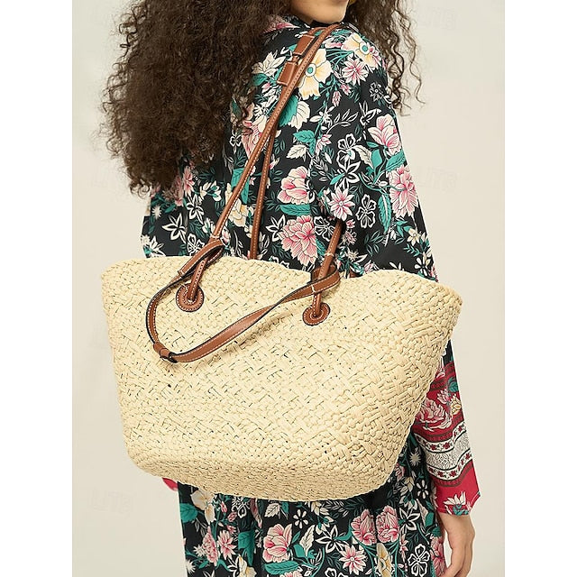 Grand sac fourre-tout chic en paille avec sangles pour femme, style bohème, en cuir
