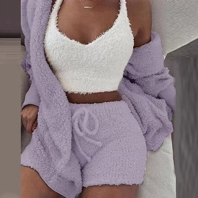 Warm Fuzzy Pajama Set 3PCS Long Sleeve Hooded Robe & Tank