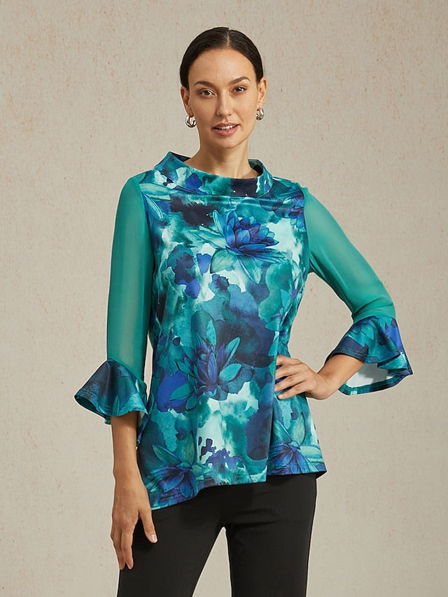 Women's Blouse Green Tie Dye Floral Stretch Knit Pullover