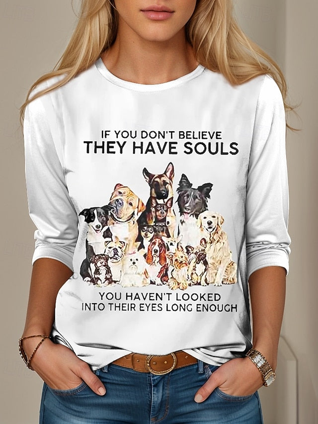 Women's T Shirt Print Cat Letter Casual Long Sleeve Round