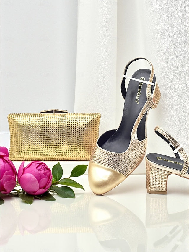 Block and - Heel Sandals Set Gold Clutch Women's Matching