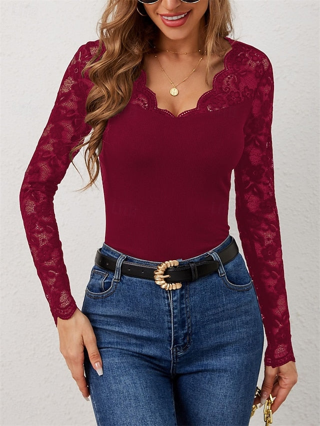 Valentine's Day Women's Blouse Lace Solid Color