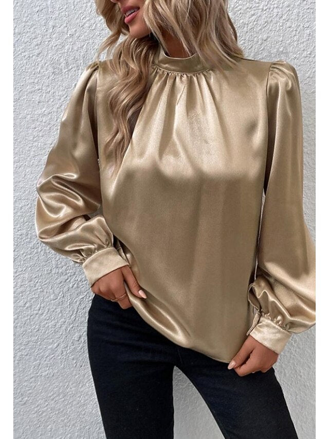 Women's Satin Tee Top Ruched Solid Color Elegant Stylish