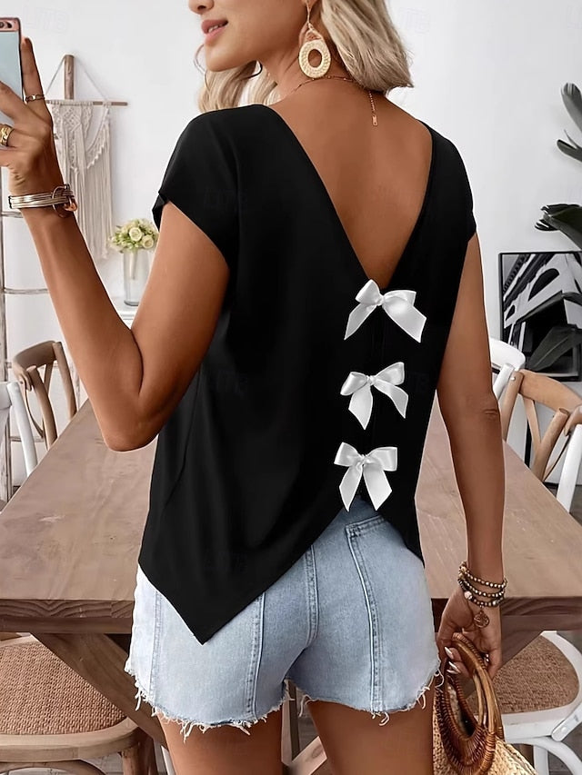 Women's T Shirt Tee Top Bow Plain Fashion Stylish Classic