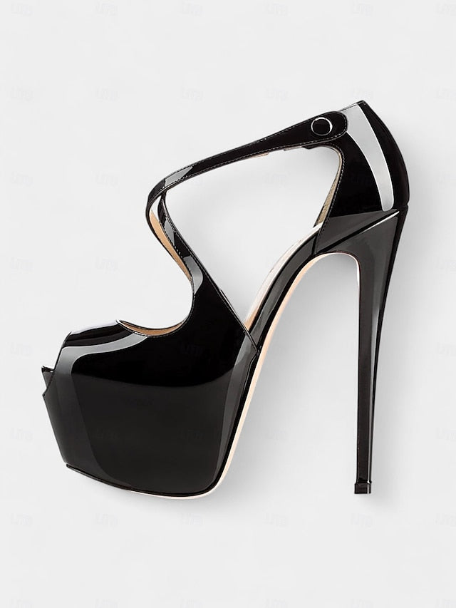 Patent Cross Red Black Stiletto Heels and Platform with Leather