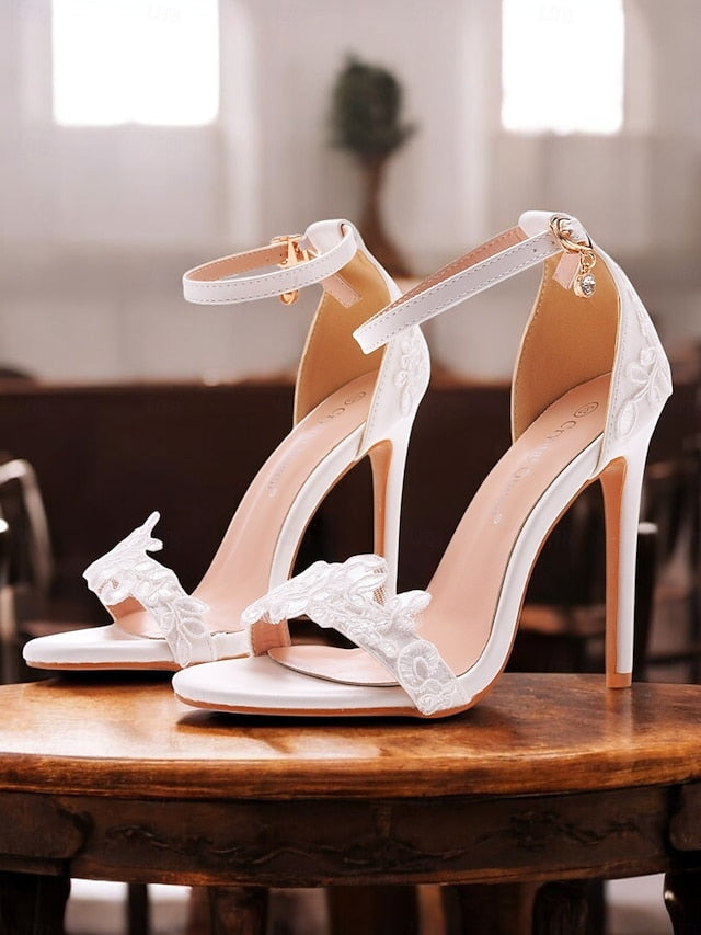 Lace Stiletto with Heels White Strap Ankle Women's Wedding