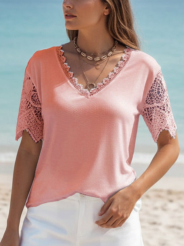 Women's Shirt Blouse Lace Tops Patchwork Lace Trim Plain