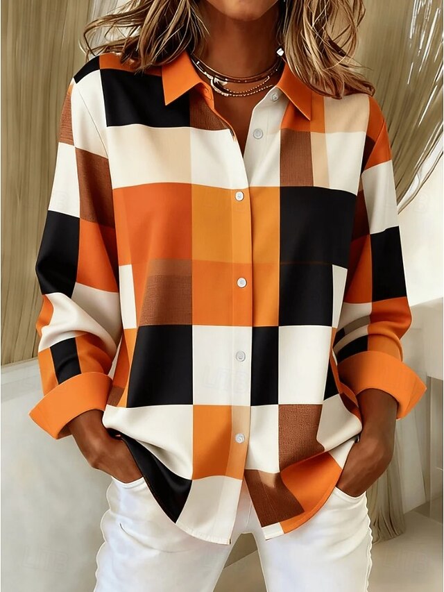 Women's Shirt Blouse Patchwork Buttons Print Plaid Casual