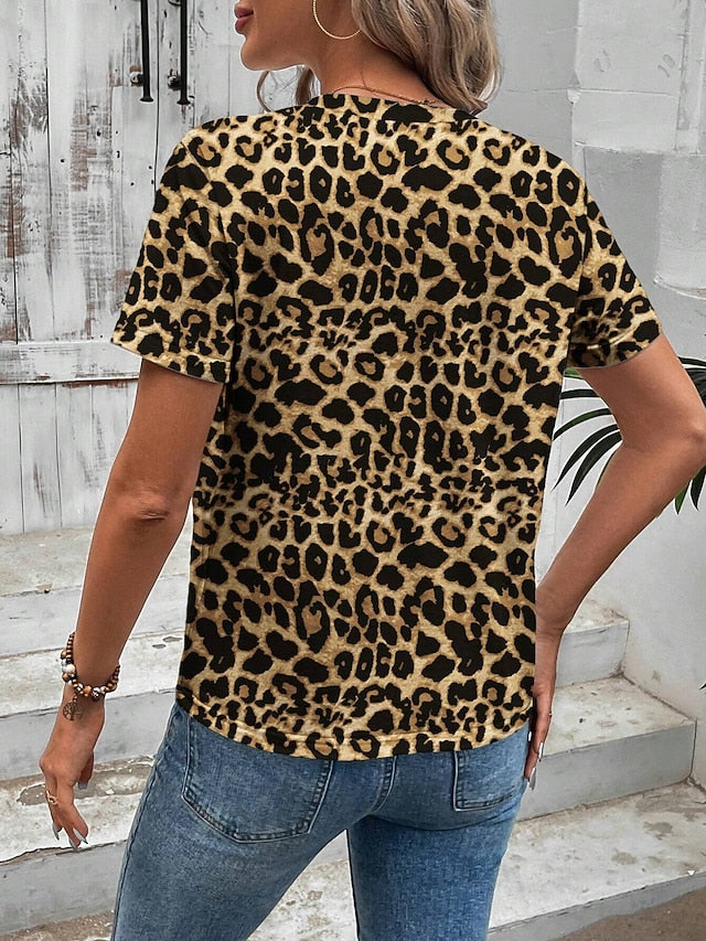 Women's T Shirt Print Leopard Casual Short Sleeve Round