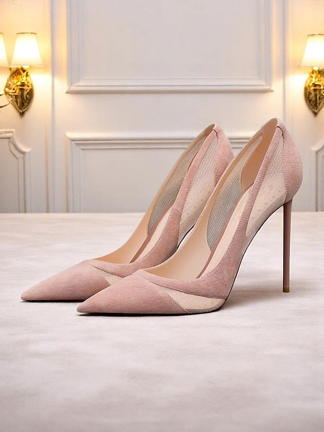 Mesh Toe Women's Pumps Suede Pointed Nude with Detailing