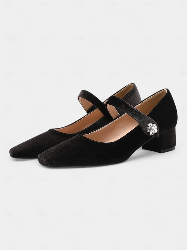 Green Women's Mary - Jane Block Toe Velvet Pumps Square