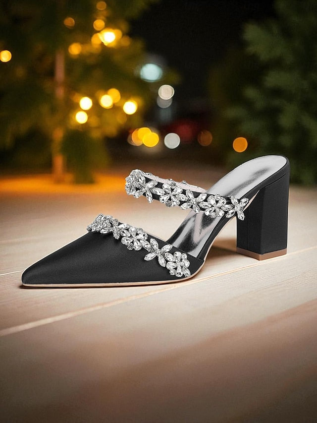 Block Heel Floral with Women's Black Mules Satin Rhinestone