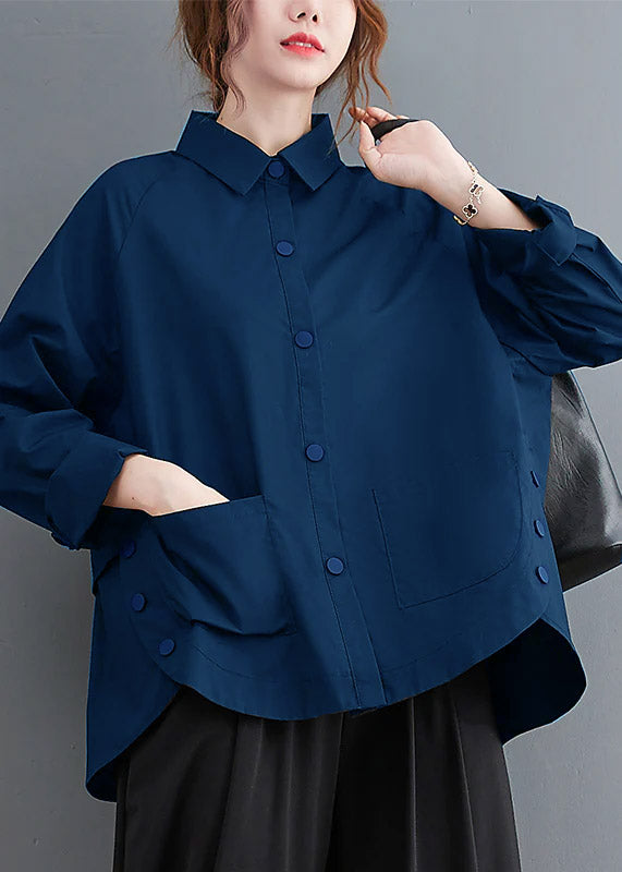 Black Patchwork Cotton Shirt Top Oversized Pockets Fall LY7343 - fabuloryshop