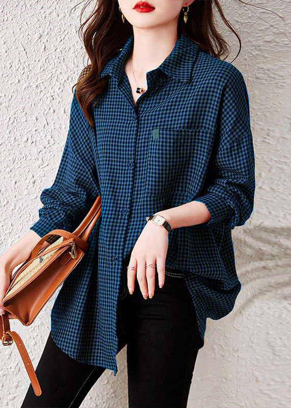 Oversized Plaid Peter Pan Collar Pockets Patchwork Cotton Shirts Long Sleeve Ada Fashion