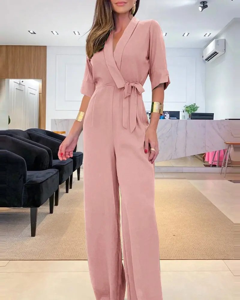 Elegant Loose Lapel Collar Half Sleeve Wide Leg Jumpsuit  QN83 - fabuloryshop