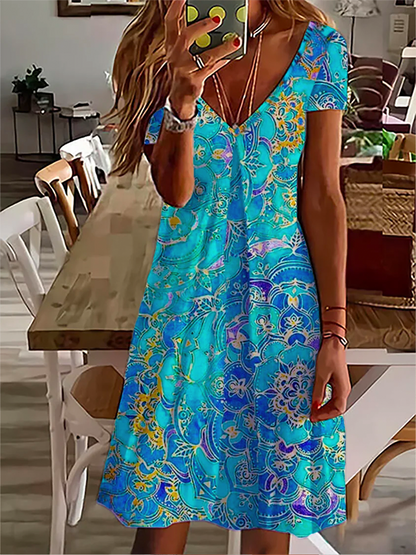 V Neck Casual Short Sleeve Printed Dress  QM78 - fabuloryshop