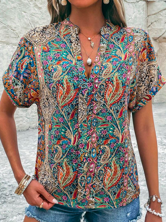 Loose V Neck Ethnic Casual Paisley Print Batwing Sleeve Blouse  WS77 - fabuloryshop