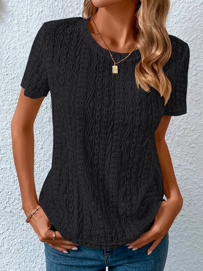 Loose Casual Crew Neck Solid Eyelet Embroidery Round Neck Tee  mm242 - fabuloryshop