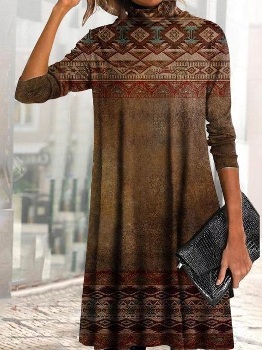 Folk Print Pile Collar Loose Long Sleeve Dress  WJ118 - fabuloryshop