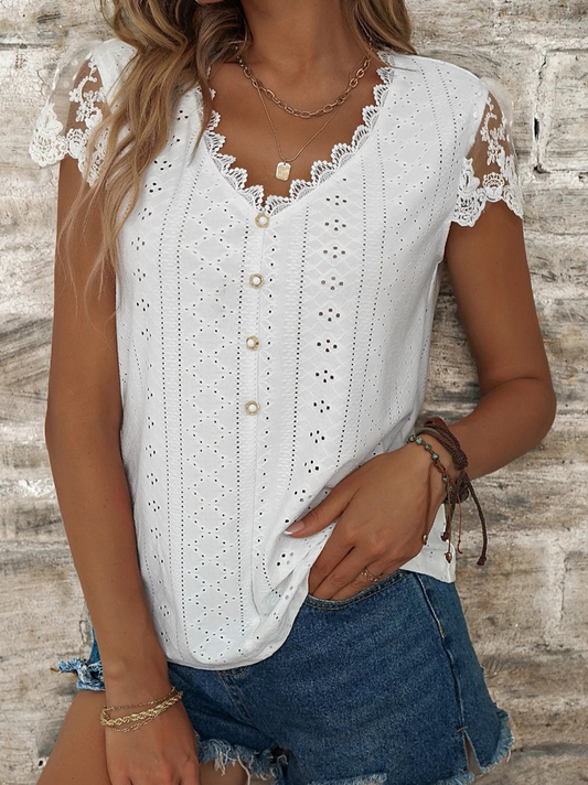 Women&#x27;s Eyelet Tops Plain Hollow Out Tops Casual V Neck Linen Lace Breathable T-Shirt Buttoned White Casual T-Shirt  cc202 - fabuloryshop