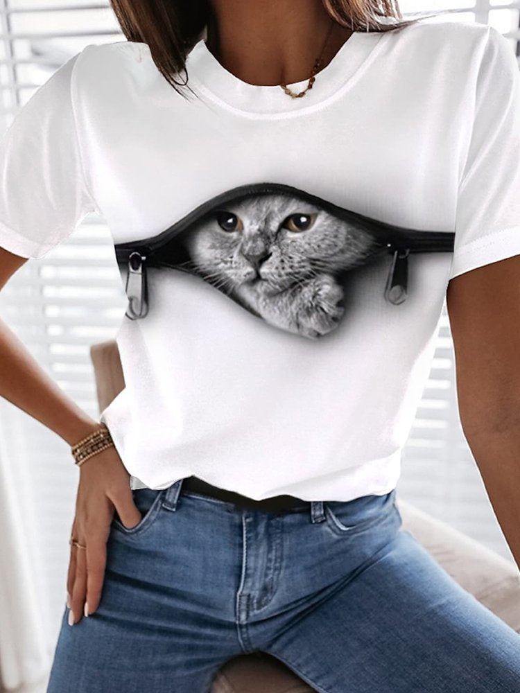 Jersey Casual Cat Loose Crew Neck T-Shirt  QH65 - fabuloryshop