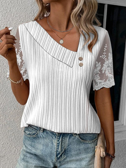 Casual Plain Loose Asymmetrical Neck Lace Shirt  mm280 - fabuloryshop